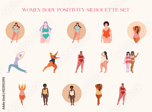 women body positivity silhouette set featuring diverse female figures in confident and empowering poses celebrating self-love and inclusivity vector format
 photo