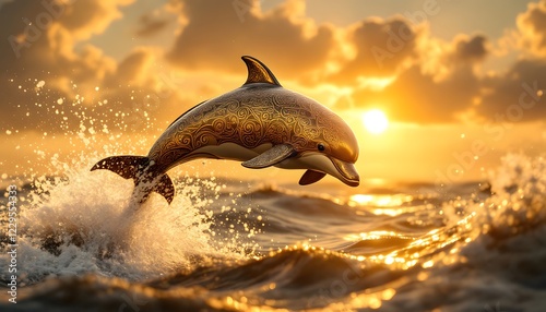 Golden Dolphin Leaping at Sunset Ocean Scene photo