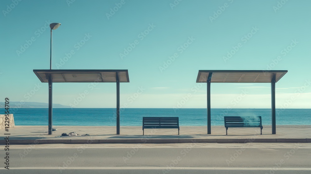 park bench with sea background and calm and peaceful atmosphere, park bench with sea background and calm and peaceful atmosphere,