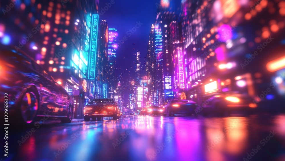 Obraz premium Cyberpunk Cityscape at Night: Neon Lights and Rain-slicked Streets