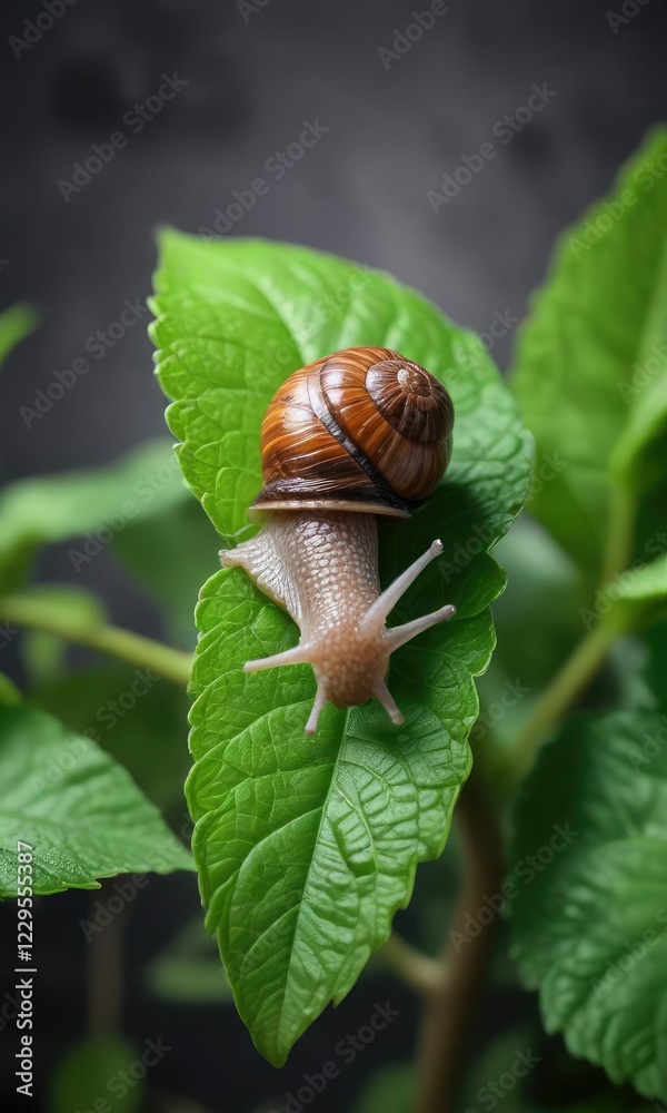 Small snail crawling slowly on a fresh mint leaf , greenery, insectivores, snails Small snail crawling slowly on a fresh mint leaf , greenery, insectivores, snails