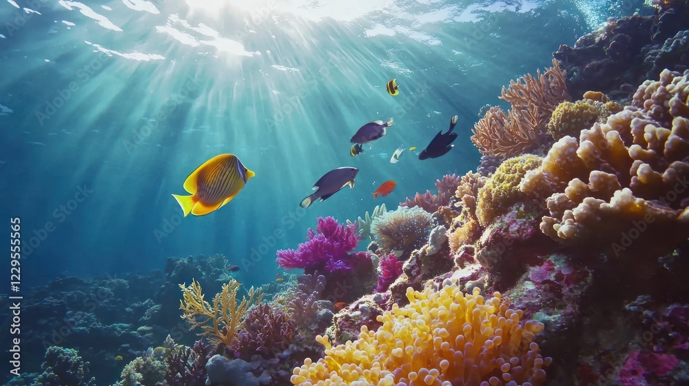 Naklejka premium Vibrant Underwater Paradise: A Colorful Coral Reef Ecosystem