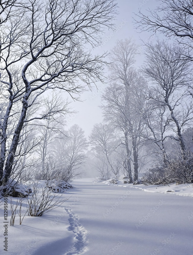 Snowy winter landscape with bare trees and frosty atmosphere, icy mountains, bare trees, peaceful, cold weather, winter wonderland Snowy winter landscape with bare trees and frosty atmosphere, icy mountains, bare trees, peaceful, cold weather, winter wonderland