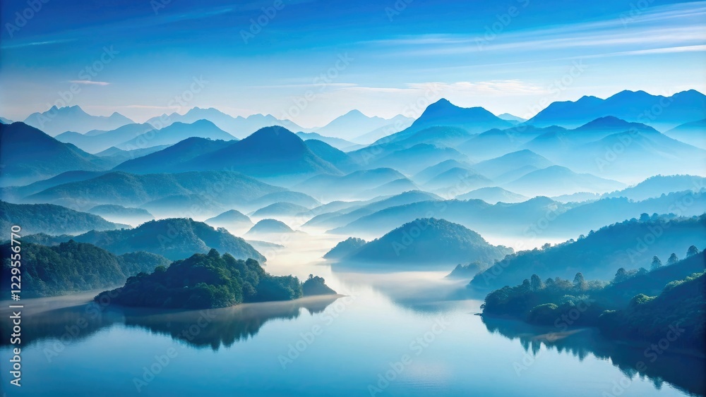 Soft blue misty mountainscape with gentle hills and serene lakes, misty mountains, serenity, calming view Soft blue misty mountainscape with gentle hills and serene lakes, misty mountains, serenity, calming view
