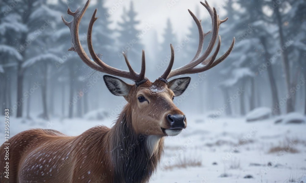 Softly falling snowflakes create a serene atmosphere around a reindeer in winter landscape, isolation, reindeer Softly falling snowflakes create a serene atmosphere around a reindeer in winter landscape, isolation, reindeer