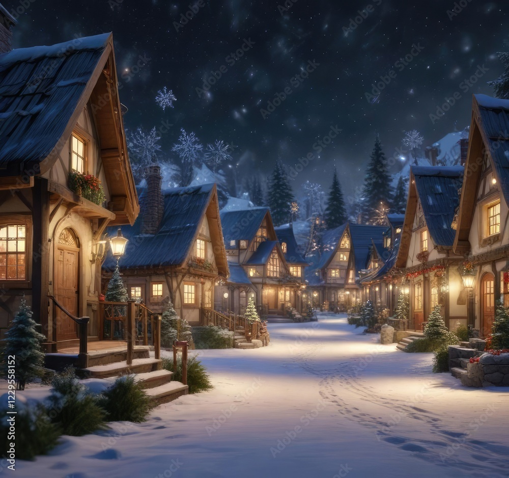 Sparkling snowflakes gently falling on a festive holiday village scene, holiday village, snowflake Sparkling snowflakes gently falling on a festive holiday village scene, holiday village, snowflake