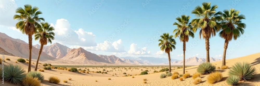 Palm trees sway in gentle breeze near desert hills and mountains, palm grove, palm tree, desert landscape Palm trees sway in gentle breeze near desert hills and mountains, palm grove, palm tree, desert landscape