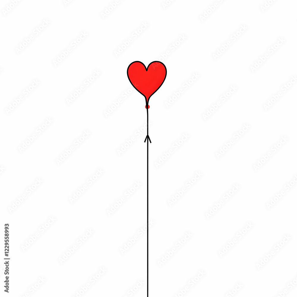 Red Heart Balloon Floats Upward on a String Against White Background Red Heart Balloon Floats Upward on a String Against White Background