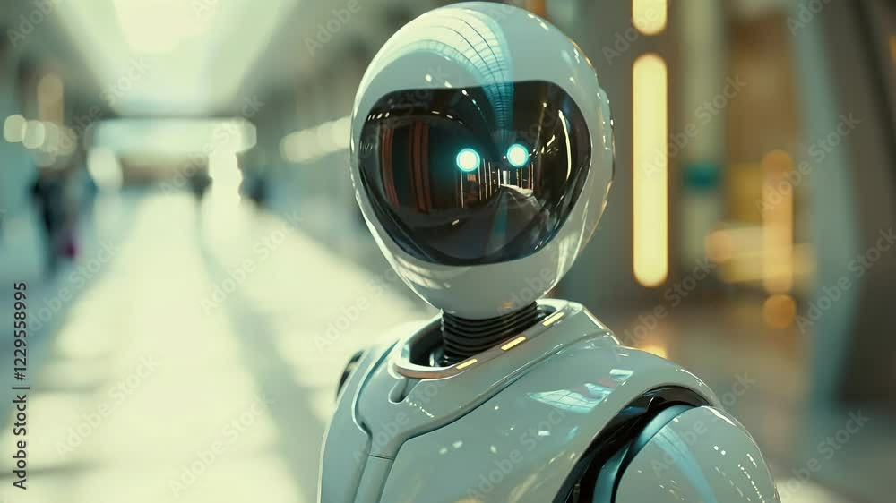 Futuristic Robot Explores Modern Cityscape Futuristic Robot Explores Modern Cityscape