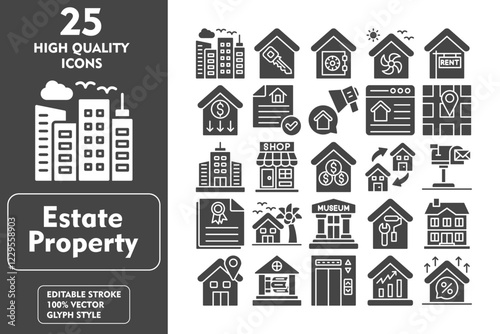 Estate property glyph editable icon set. Containing skylines, shop, home renovation, double story house, location, library, modern elevator and more. Vector illustration icons