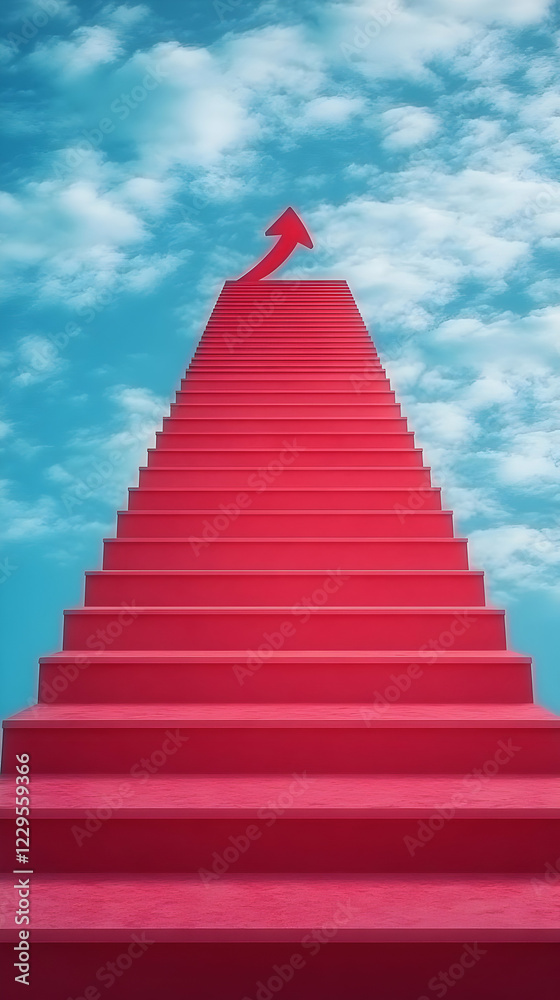 Red Staircase Ascends Towards a Red Upward Arrow Against a Cloudy Blue Sky Symbolizing Growth and Progress
