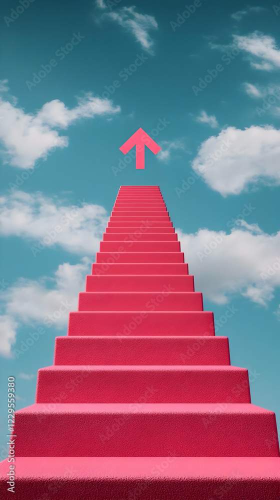 Pink Staircase Ascends Towards Upward Arrow in Cloudy Sky, Symbolizing Progress and Achievement Pink Staircase Ascends Towards Upward Arrow in Cloudy Sky, Symbolizing Progress and Achievement