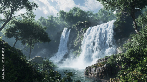Serene Lush Waterfall Nature Scene Tranquil Green Forest Summer Day Peaceful Background Digital Art 