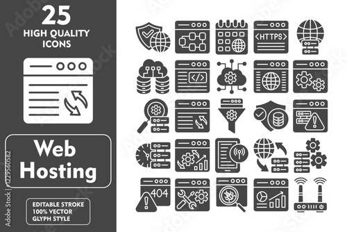 Web Hosting glyph editable icon set. Containing security, structure, calendar, https, globe, big data, code, cloud, website and more. Vector illustration icons