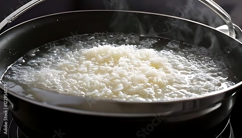 Rice cooks gently in simmering water for 20–30 minutes until tender