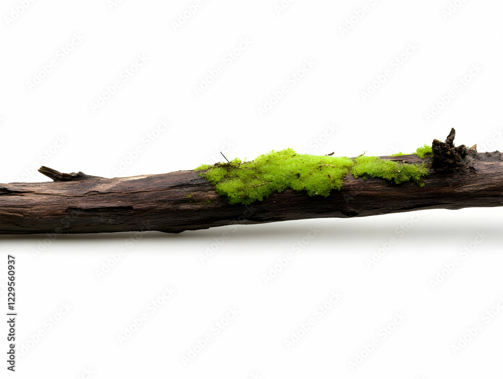 Fototapeta premium Green Moss Growing on a Fallen Tree Branch Isolated on White Background