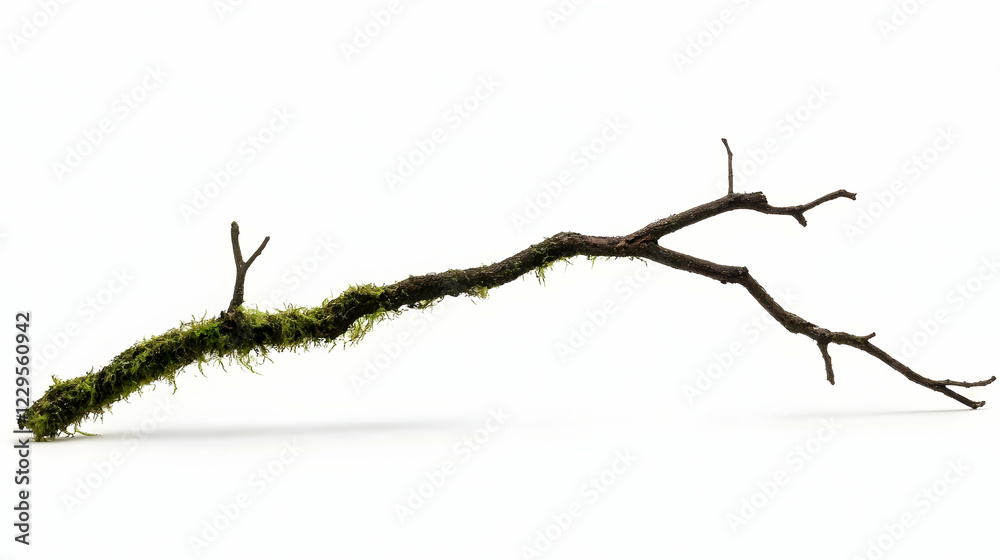 A Mossy Branch Lies Isolated on a White Background, Displaying Natural Textures. A Mossy Branch Lies Isolated on a White Background, Displaying Natural Textures.