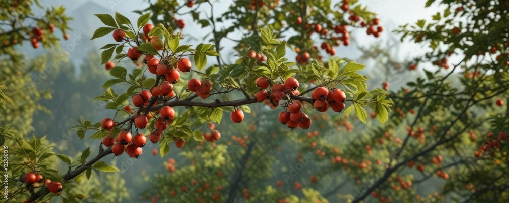 Ripe red berry clusters on rosehip bush branch, plant life, foliage Ripe red berry clusters on rosehip bush branch, plant life, foliage