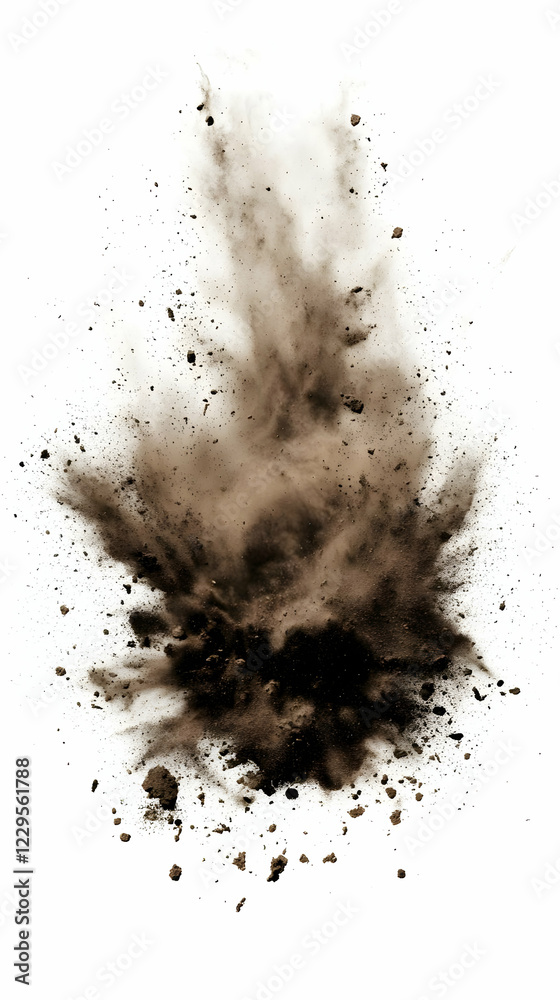 Brown Dust and Debris Explodes Upward dramatically against White Background with Force Brown Dust and Debris Explodes Upward dramatically against White Background with Force