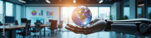 Robotic hand holding a digital globe in a high-tech corporate office, symbolizing Artificial Intelligence advancements.