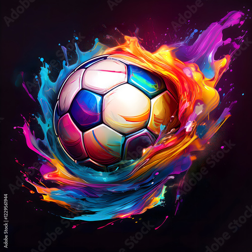 Digital artwork of a soccer ball made of liquid colors in yellow, orange, red, blue, and violet on a black background. Germany, version 3
