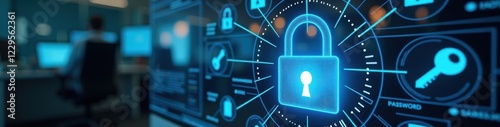 Secure password management interface with glowing icons and lock symbol, clean digital office scene, technology and cybersecurity concept.