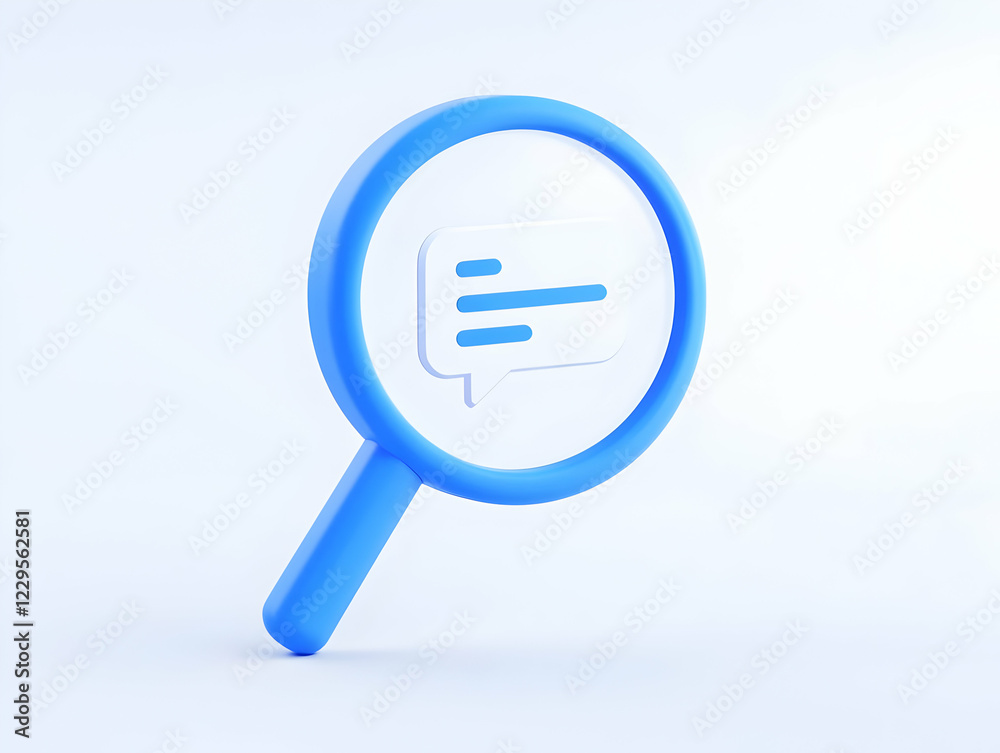 3D Magnifying Glass Examines Speech Bubble Icon on White Background, Symbolizing Communication Analysis 3D Magnifying Glass Examines Speech Bubble Icon on White Background, Symbolizing Communication Analysis