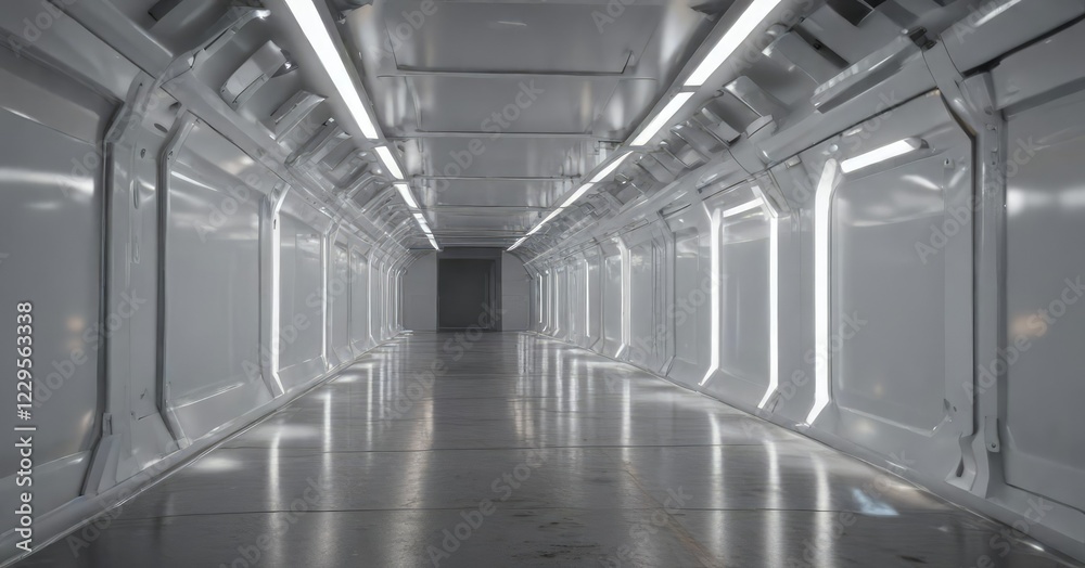 Naklejka premium Sci-fi white light corridor in a metal structure, modern technology, abstract design, high-tech environment, bright space, illuminated pathway