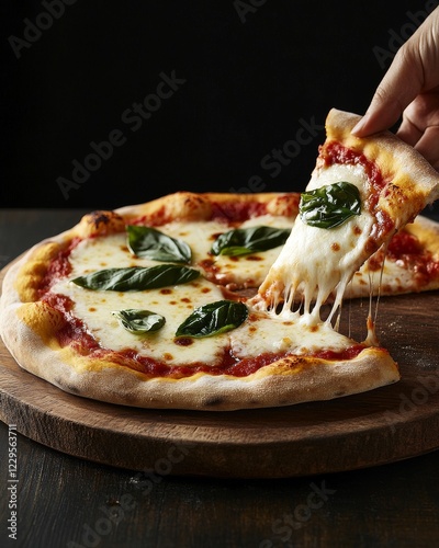 A person's hand holding up a slice of pizza with cheese stretched, on an old wooden board, surrounded by ingredients like fresh basil and tomatoes, against a dark background