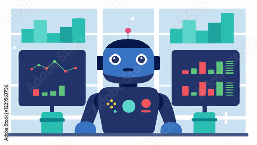 Trading Strategy Simulation A robot sitting in front of a screen filled with algorithmic codes and indicators plotting a trading strategy on a whiteboard.