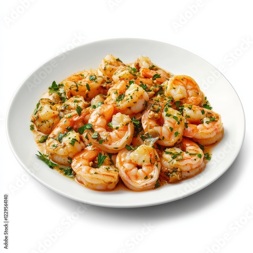 A plate of spicy shrimp scampi with garlic and parsley, isolated white background, hyperrealism art style photo