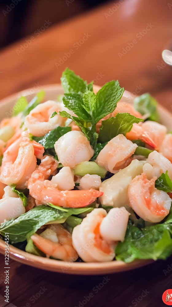Fresh Shrimp and Scallop Salad with Mint and Greens Beautifully Presented Fresh Shrimp and Scallop Salad with Mint and Greens Beautifully Presented