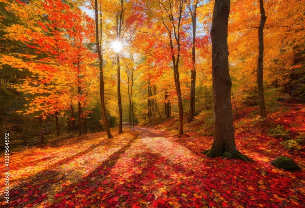 Naklejka premium vibrant autumn leaves adorning serene path through beautiful forest surrounded rich colorful foliage, colors, nature, trees, landscape, woods, sunlight