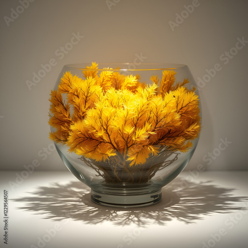 Golden Irish moss elegantly arranged in a clear glass bowl, illuminated by soft light, with ample copy space surrounding the stunning display. photo