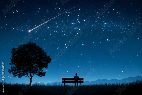 Silhouette sits on bench un...