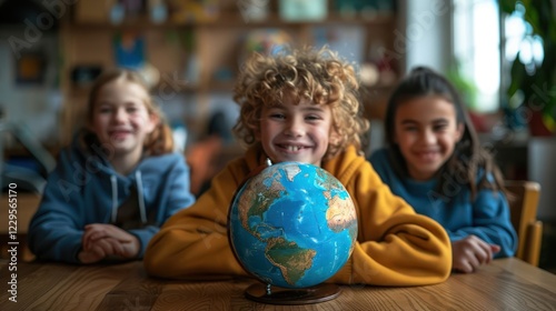 Three children smiling around a globe in a bright classroom filled with educational materials