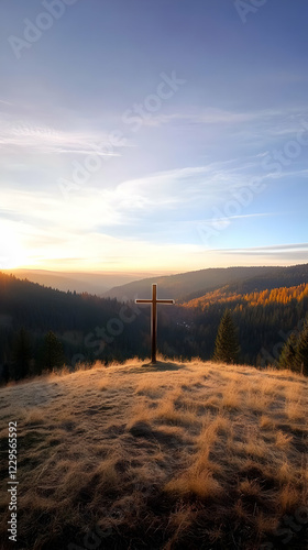 Wooden Cross Stands on Hill...