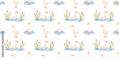 Seamless pattern with cute goose or duck in water, baby animal, watercolor illustration for kids and nursery