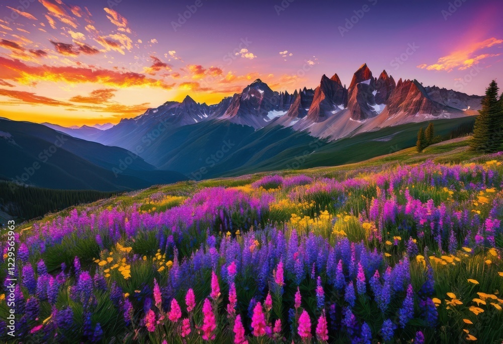 Obraz premium breathtaking vast mountain ranges surrounded colorful wildflower fields scenic natural landscape, adventure, alpine, beauty, biodiversity, botanical