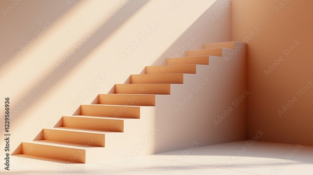 Obraz premium Interior view of empty room with beige stairs illuminated by sunlight.