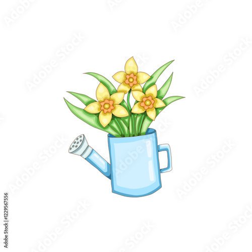 three spring flowers in a blue watering can