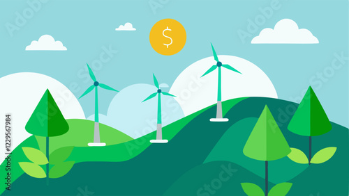 Wind Turbines on Hills A serene illustration of wind turbines rotating on gentle hills with green forests in the background blending together finance symbols like coins and green