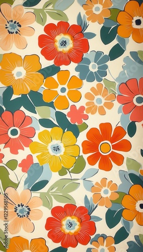 Wallpaper Mural Bright floral pattern with bold colors in a retro design Torontodigital.ca