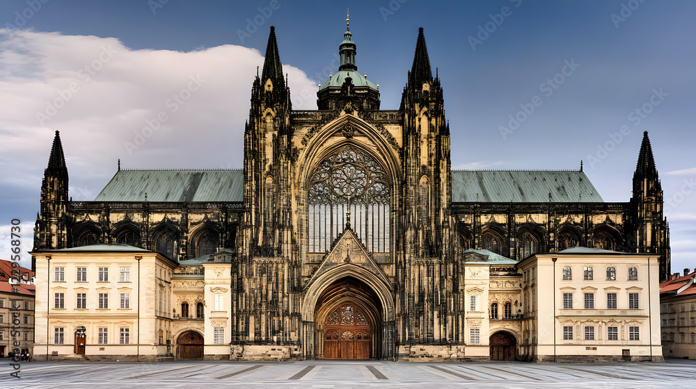 Fototapeta premium Majestic Cathedral Stands Tall with Gothic Architecture and Intricate Details Under a Cloudy Sky