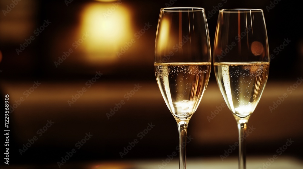 Two champagne flutes in elegant evening setting with bokeh. Ideal for celebrations, luxury events, and romantic occasions. Two champagne flutes in elegant evening setting with bokeh. Ideal for celebrations, luxury events, and romantic occasions.