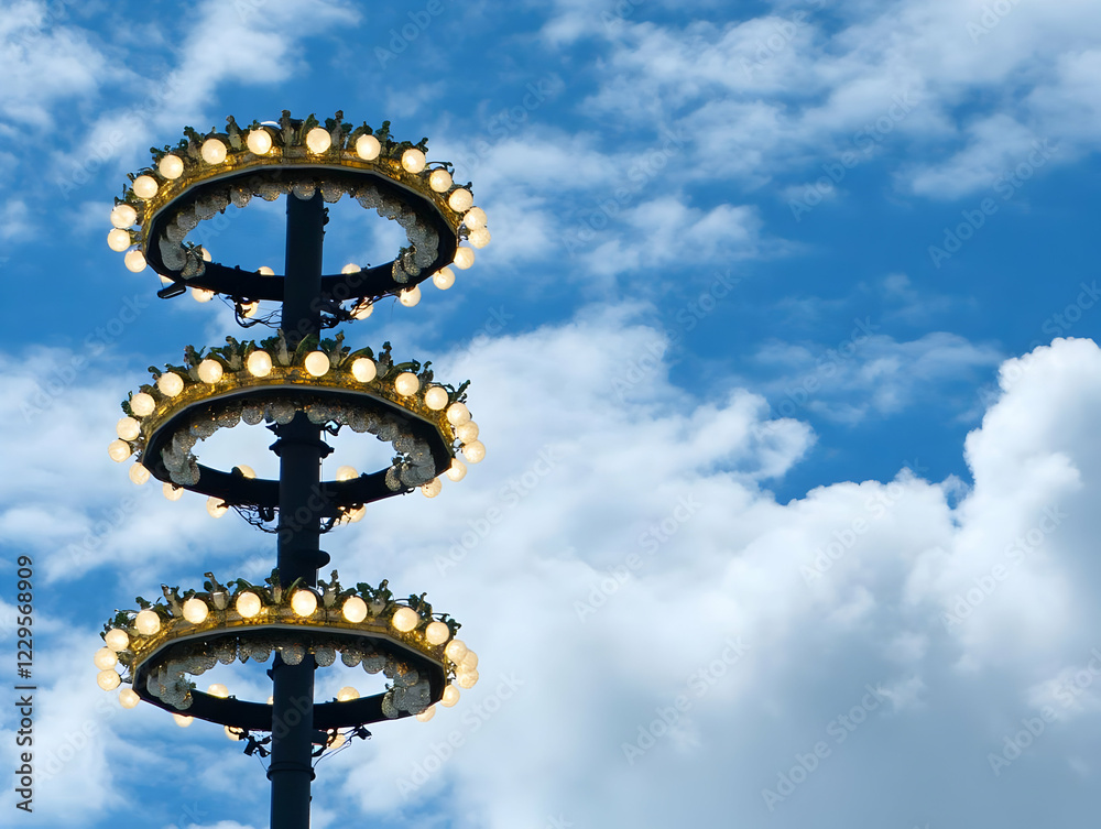 Three Tiers of Circular Lights Illuminate the Sky on a Cloudy Day with Clouds Drifting Three Tiers of Circular Lights Illuminate the Sky on a Cloudy Day with Clouds Drifting