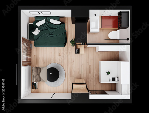 3D plan of the apartment, minimalist style in red and green colors with white details, a one-room apartment on two levels. There is an open kitchen adjacent to the living area, where a dining 