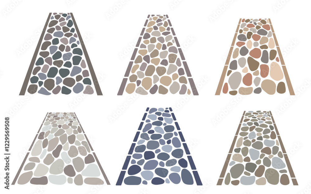 Cobblestone garden roads set, irregular stone texture. Vector sidewalk, old garden gravel path isolated on white background