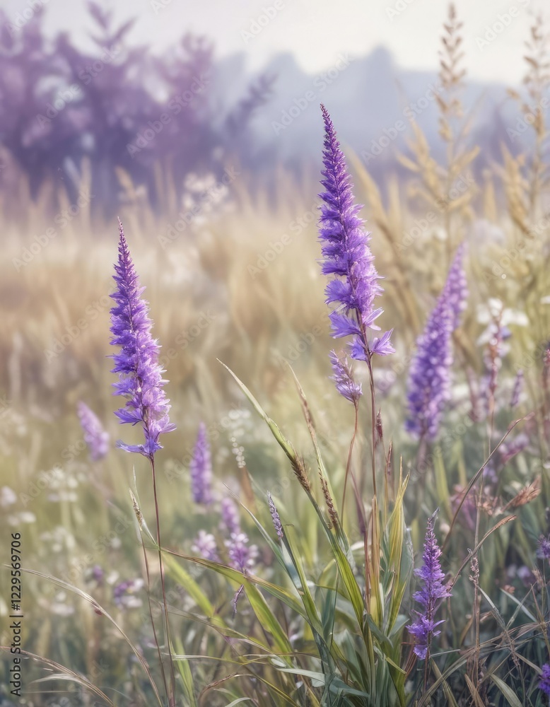 Naklejka premium Soft and elegant watercolor painting of purple grass flowers, nature, grass, purple, soft, watercolor