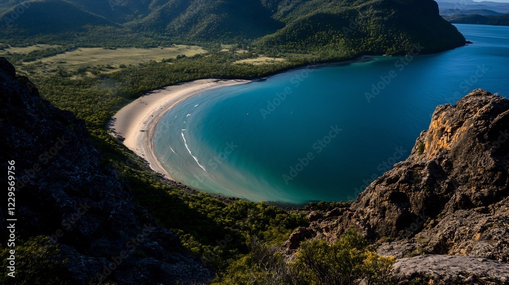 Fototapeta premium Secluded Cove Paradise: Breathtaking Aerial View of a Hidden Beach Nestled in Lush Mountains